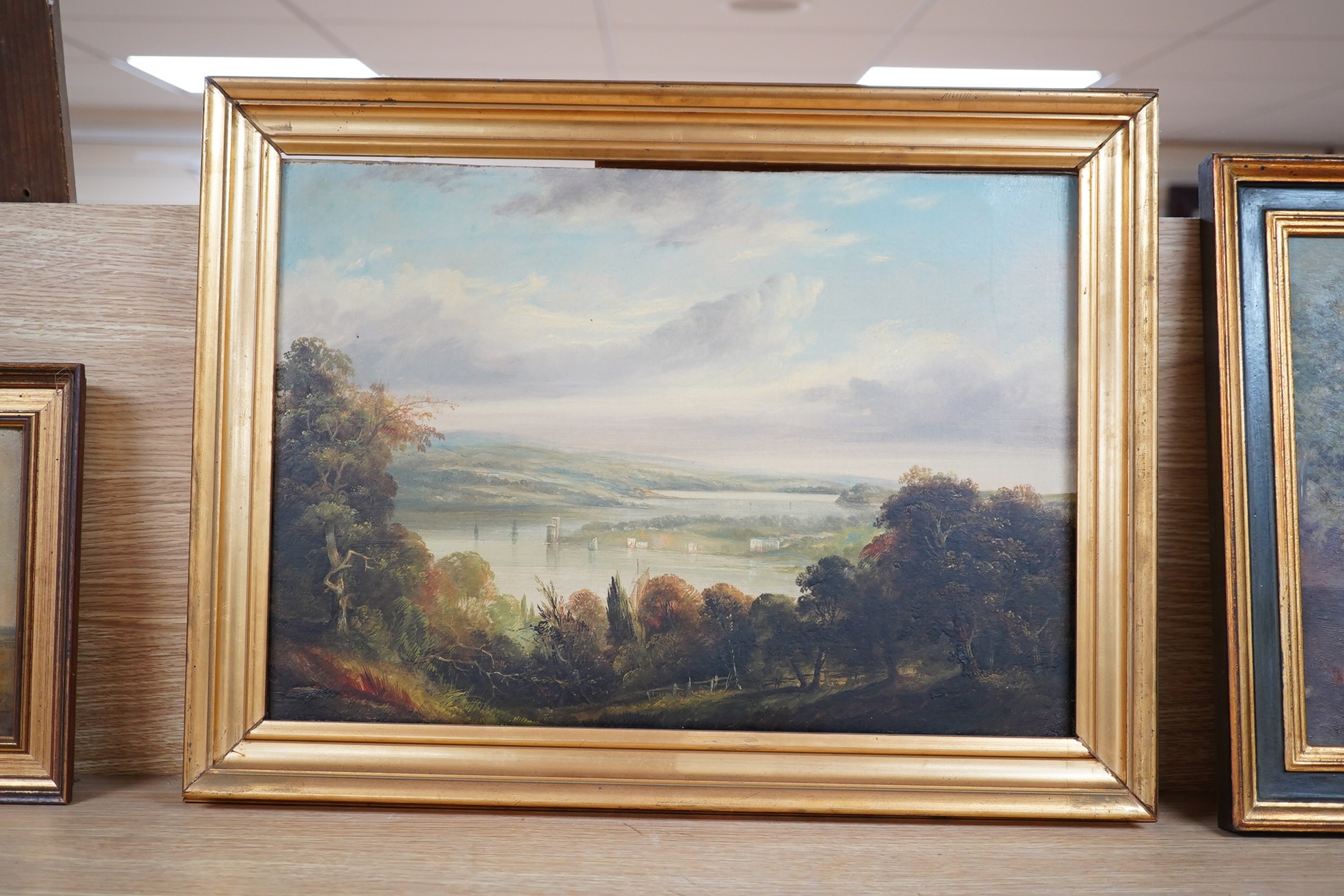 19th century English school, oil on canvas, river landscape, 32x44cm. Condition - good